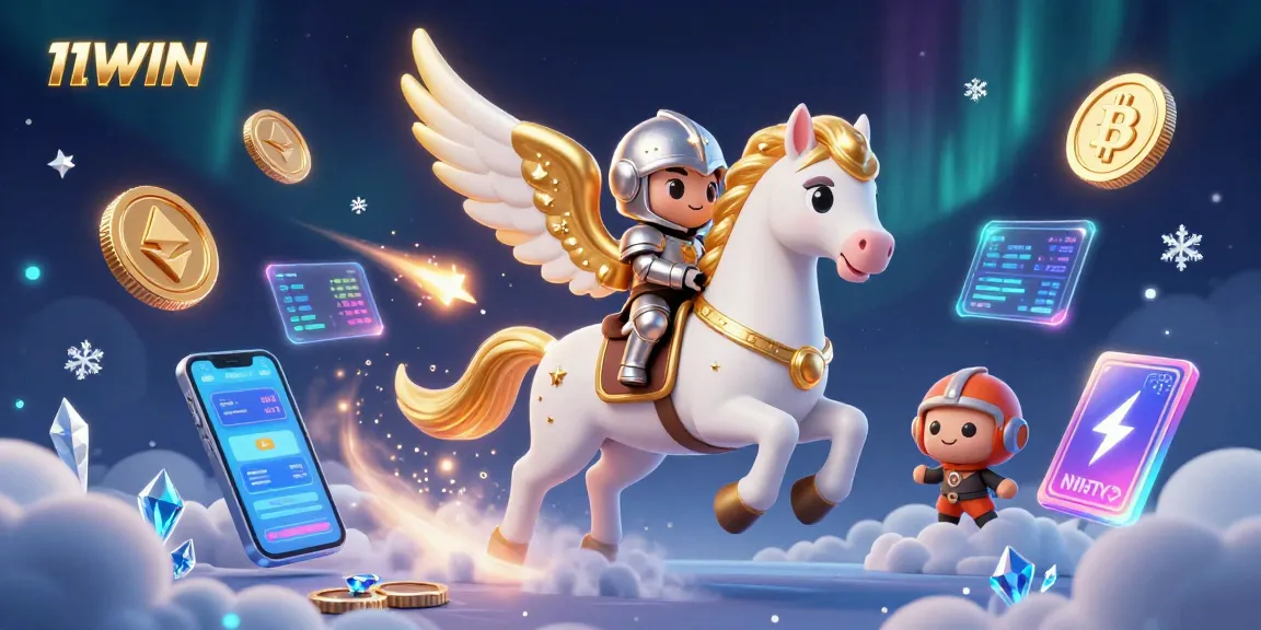 Engage with 11WIN's exciting world of gambling through vivid 3D illustration showcasing crypto elements.
