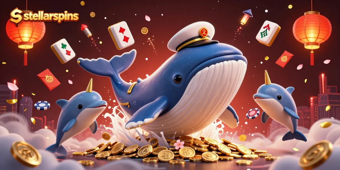 Experience thrilling gameplay with stellarspins as a cartoon whale breaches a sea of coins.