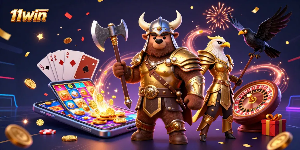 Spin and win at 11WIN with slots, golden coins, and vibrant gaming characters!