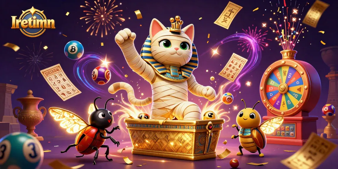 Iretimn captures thrilling casino action with a 3D Egyptian mummy cat, golden bingo card, and colorful lottery elements.