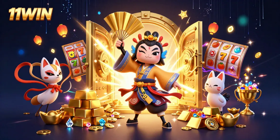 Engage in thrilling gameplay at 11WIN with a vibrant 3D illustrated casino scene filled with treasures and excitement.