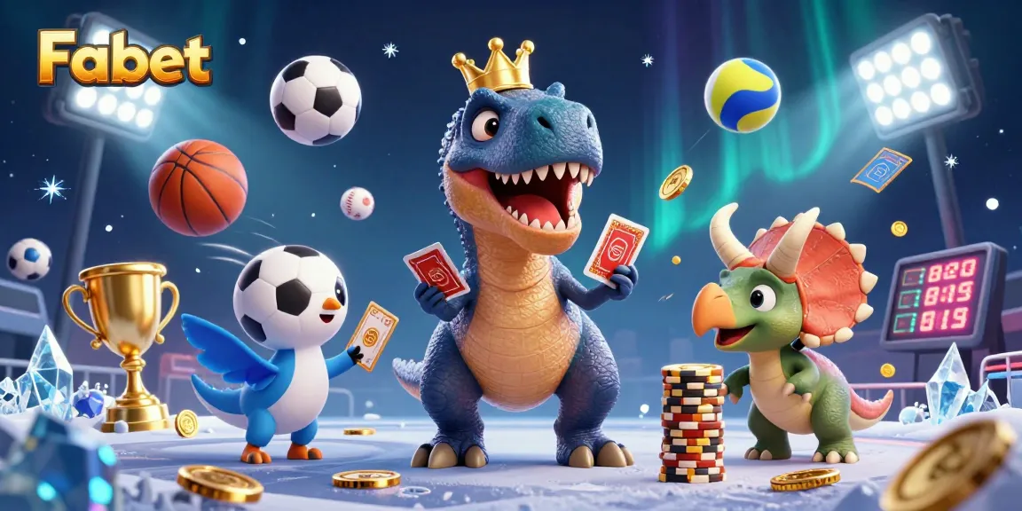 Fabet offers exciting gameplay as a T-Rex shuffles cards with help, in a vibrant casino atmosphere.