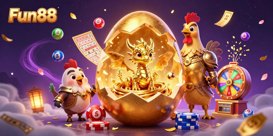 Fun88 reveals a golden dragon amidst a lottery-themed celebration, showcasing excitement in gambling.