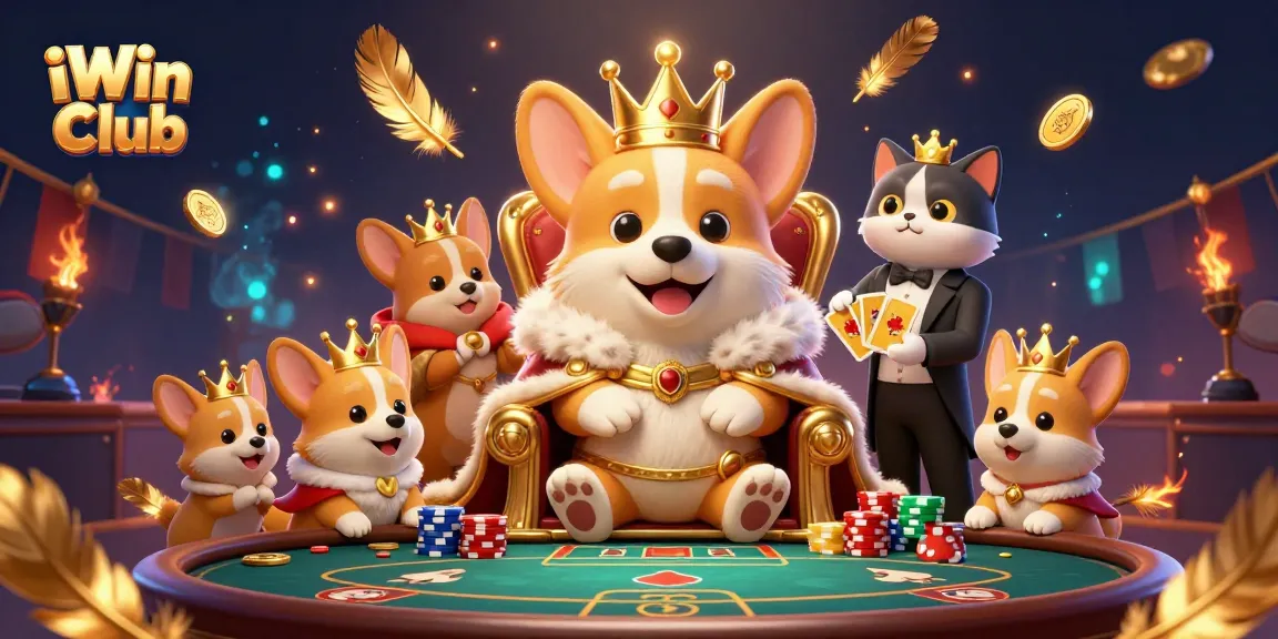 Engage in exciting gameplay at iWin Club with a cartoon royal corgi and a cat butler presenting golden cards