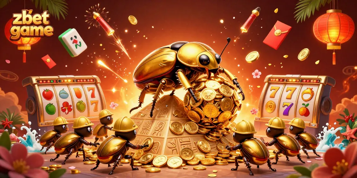 Experience excitement with zbet game, featuring golden beetles and slot symbols in a vibrant casino scene.