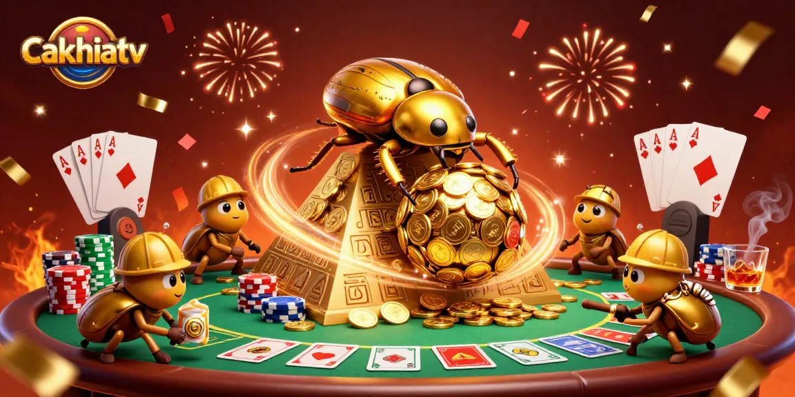 Cakhiatv shows a golden dung beetle rolling coins at a vibrant casino scene surrounded by poker elements.