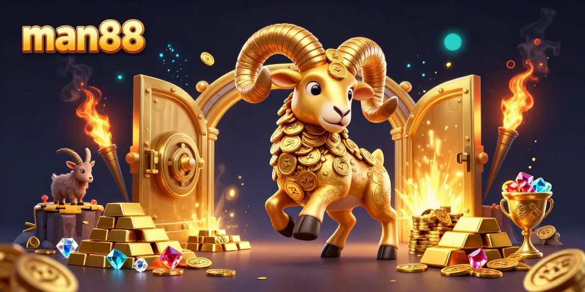 Join the excitement with man88: a dazzling casino scene featuring a golden ram and dynamic treasures.