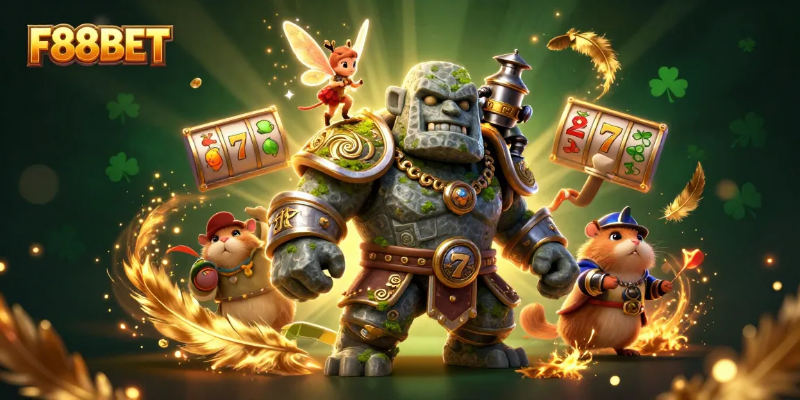Engage in thrilling casino action with F88BET's vibrant 3D illustration, featuring animated guardian and game symbols.