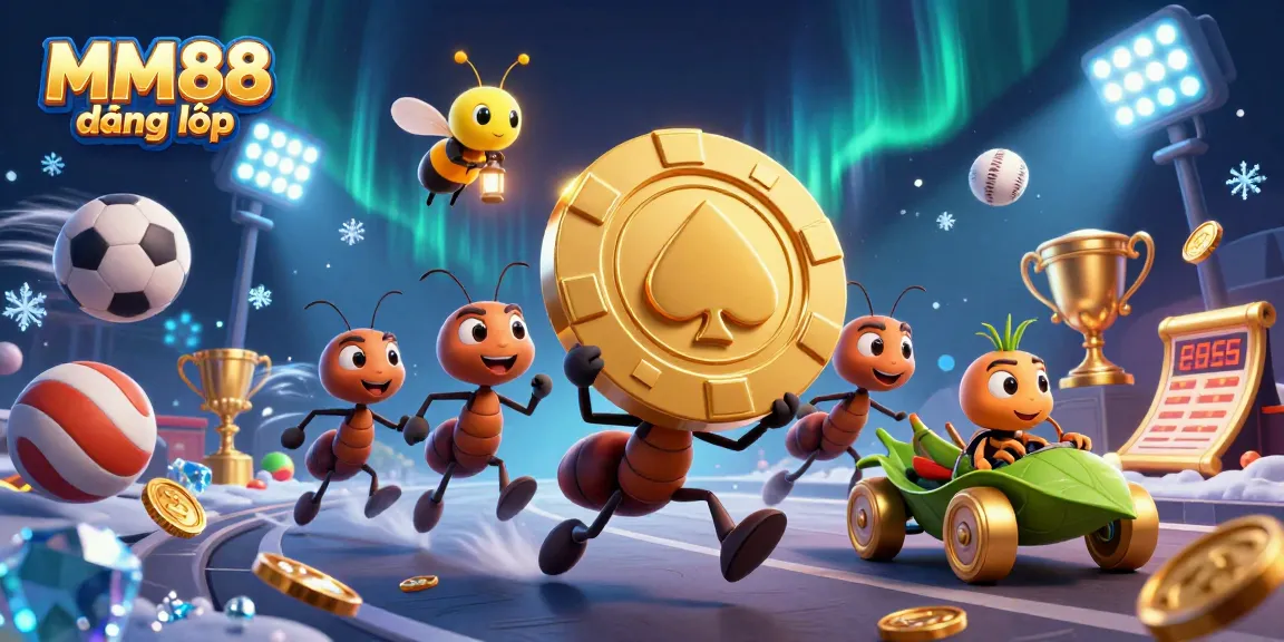 Experience the excitement with MM88 đăng nhập, where a team of ants carries a giant gambling chip during a heist.