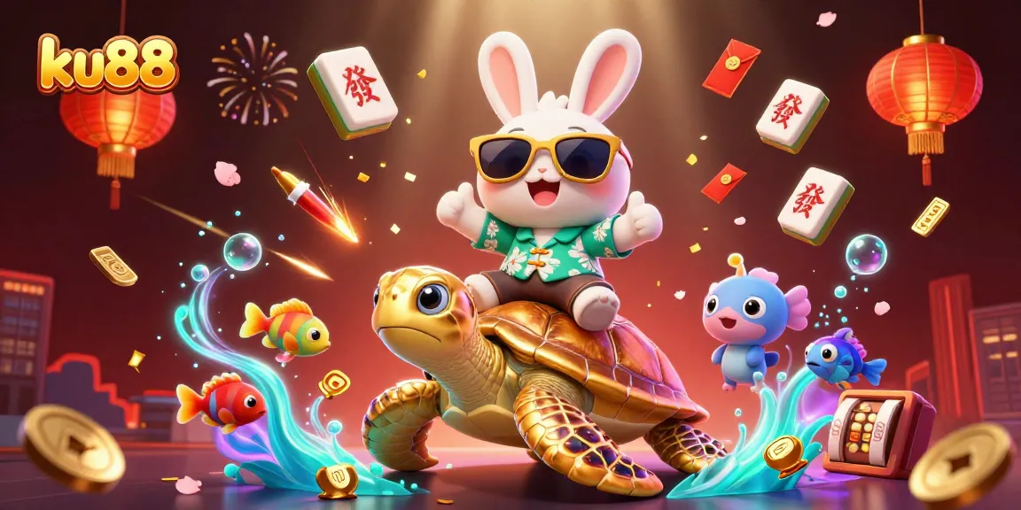 ku88 showcases an exciting slot game scene with a lucky rabbit and turtle in 3D