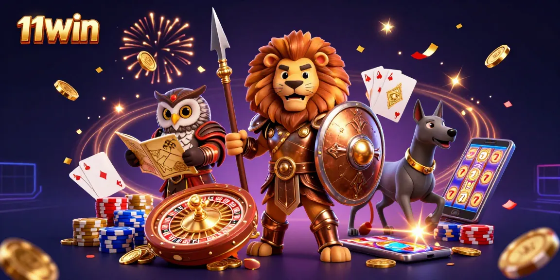 Join the excitement at 11WIN with a lively 3D scene featuring casino games and characters.
