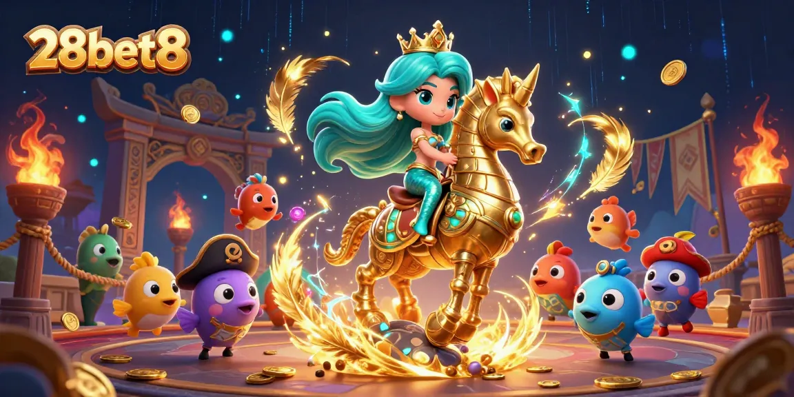 Experience the thrilling action at 28bet8 with vibrant casino elements and playful characters in this dynamic illustration.