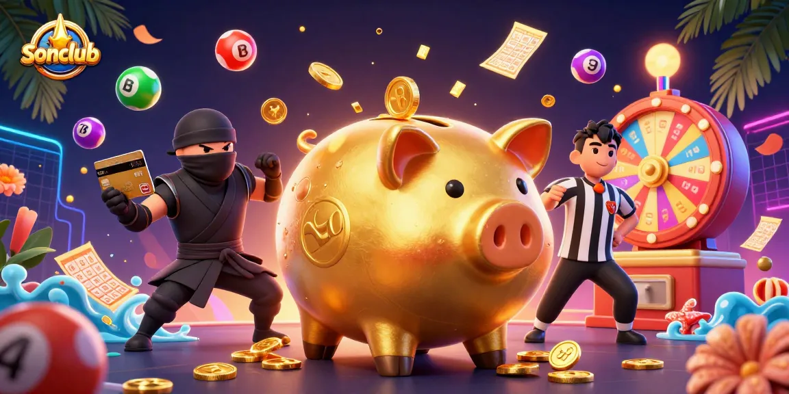 Experience the excitement of sonclub with a golden piggy bank sumo wrestler, colorful lottery elements, and dynamic visuals.