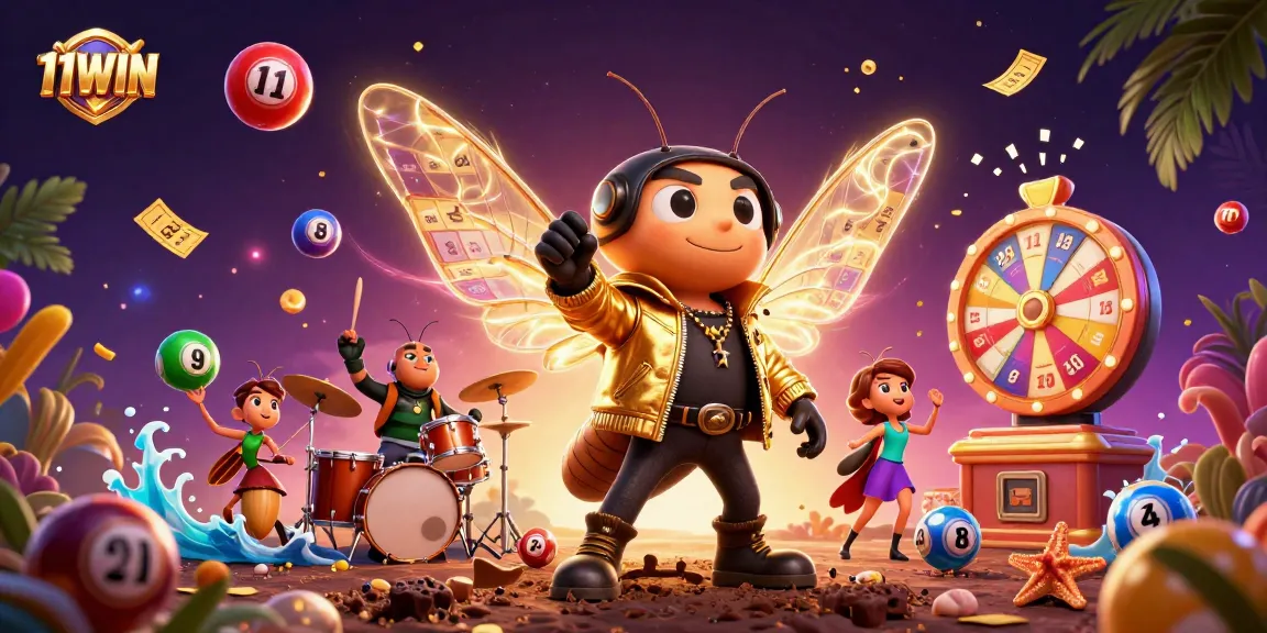 11WIN brings vibrant energy to lottery games with a cartoon rock star scene featuring dynamic elements.